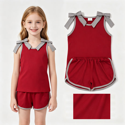 Baby Girls Grey Bows Maroon Sleeveless Top Short Clothes Sets