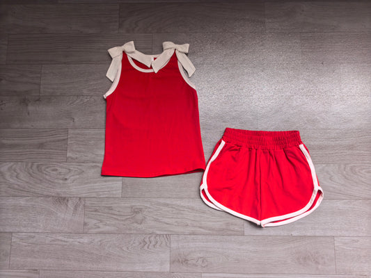 Baby Girls Red White Bows Sleeveless Top Short Clothes Sets Preorder