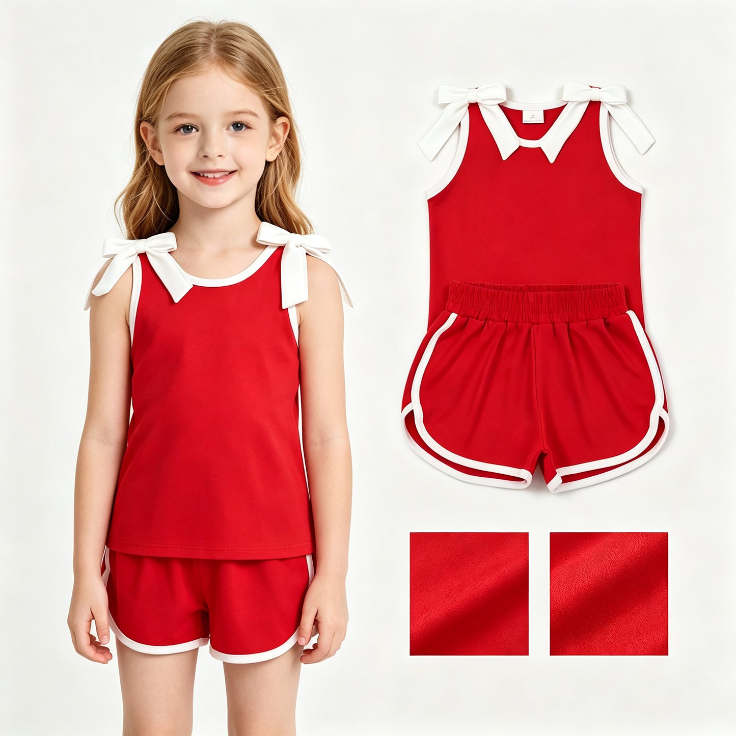Baby Girls Red White Bows Sleeveless Top Short Clothes Sets