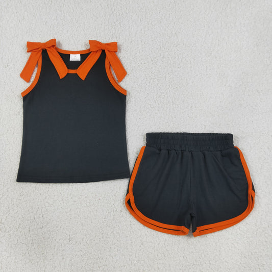 Baby Girls Black Orange Bows Sleeveless Top Short Clothes Sets