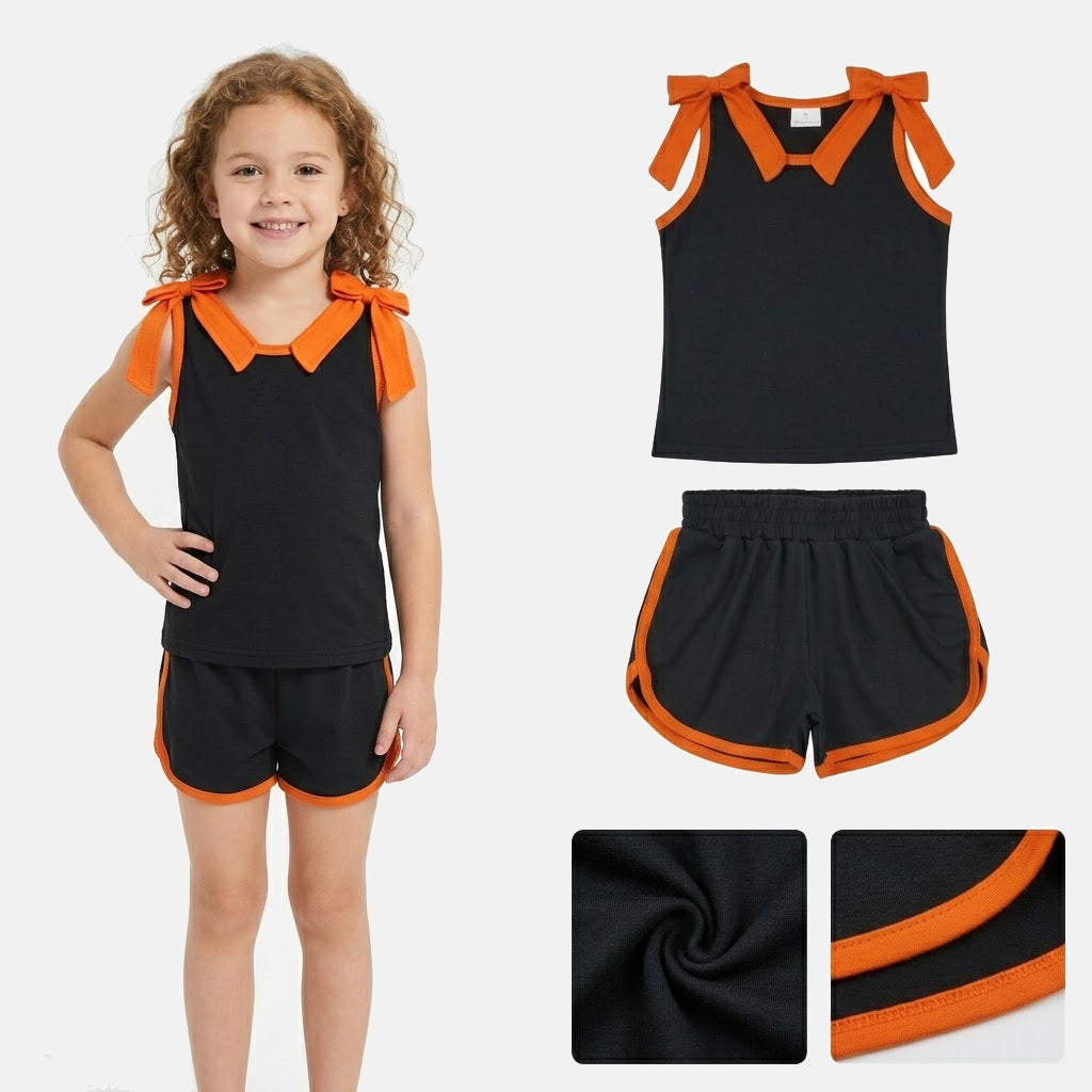 Baby Girls Black Orange Bows Sleeveless Top Short Clothes Sets