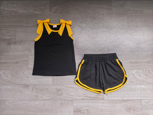 Baby Girls Black Yellow Bows Sleeveless Top Short Clothes Sets Preorder