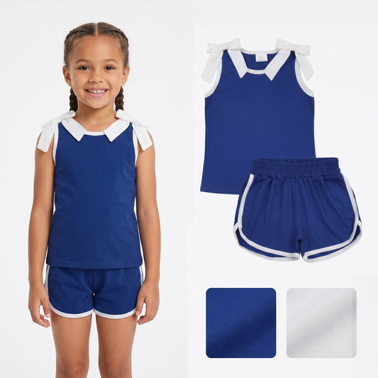 Baby Girls White Bows Hot Blue Sleeveless Top Short Clothes Sets