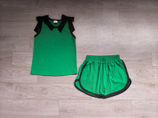 Baby Girls Green Black Bows Sleeveless Top Short Clothes Sets Preorder