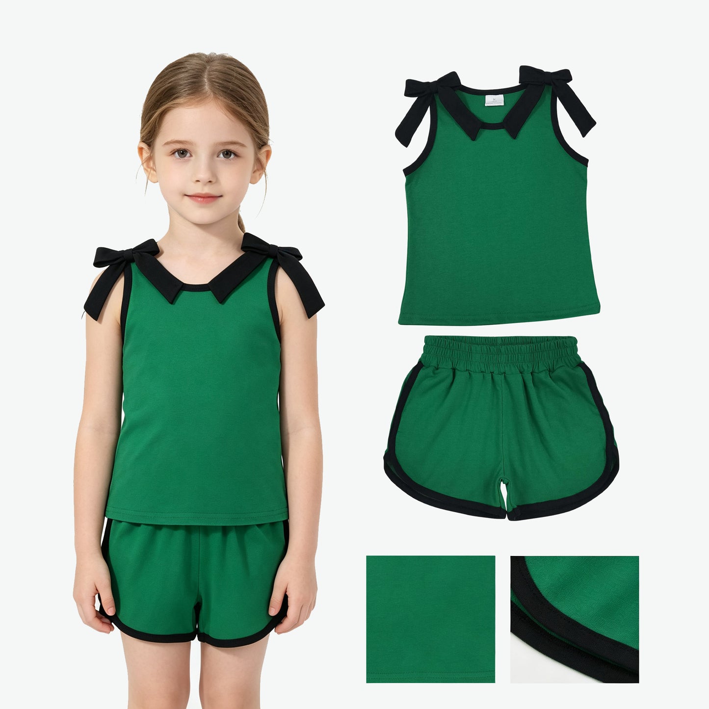 Baby Girls Green Black Bows Sleeveless Top Short Clothes Sets