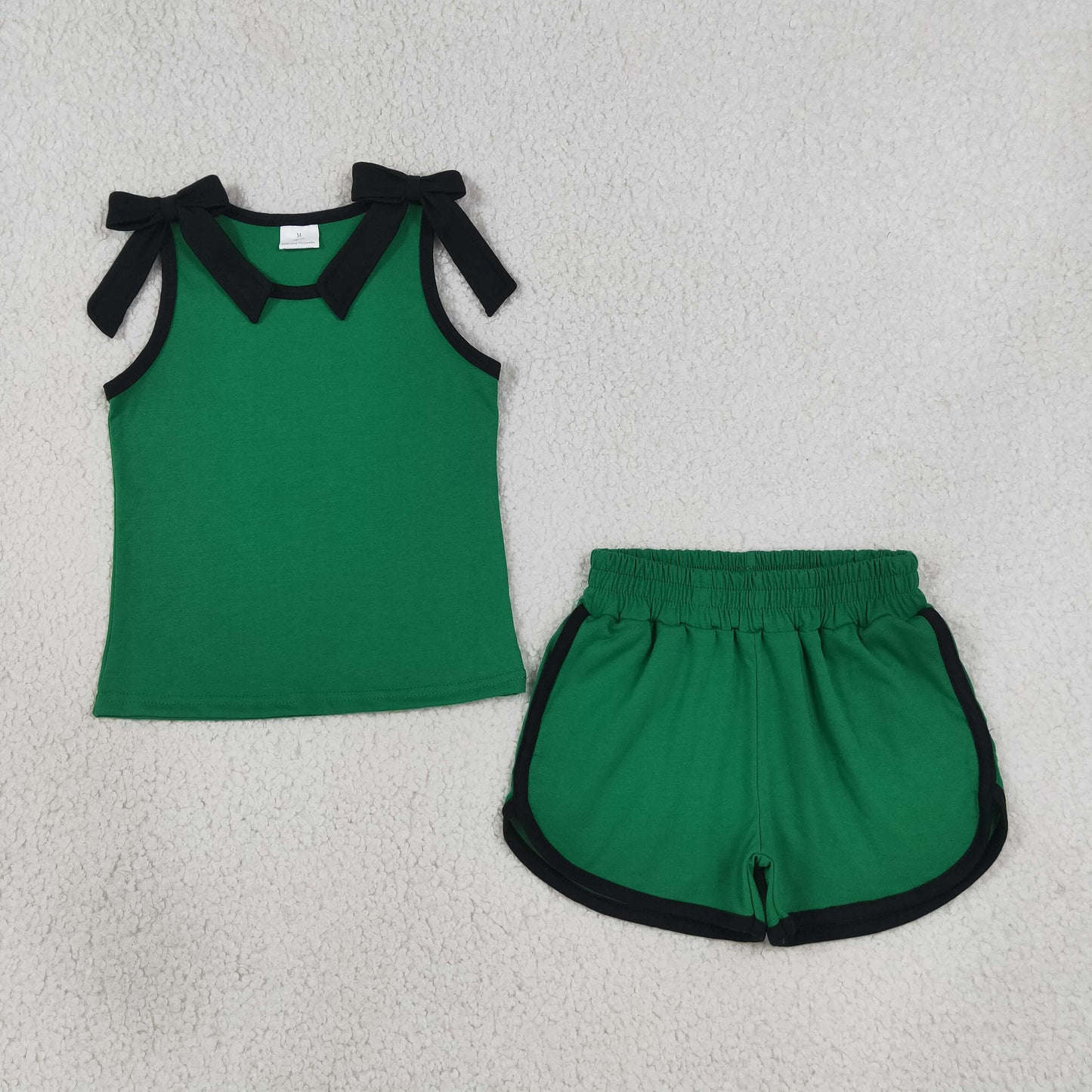 Baby Girls Green Black Bows Sleeveless Top Short Clothes Sets