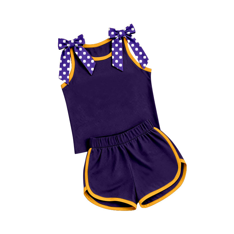 Preorder moq 5 Baby Girls Purple Polka Dots Bows Sleeveless Top Short Clothes Sets