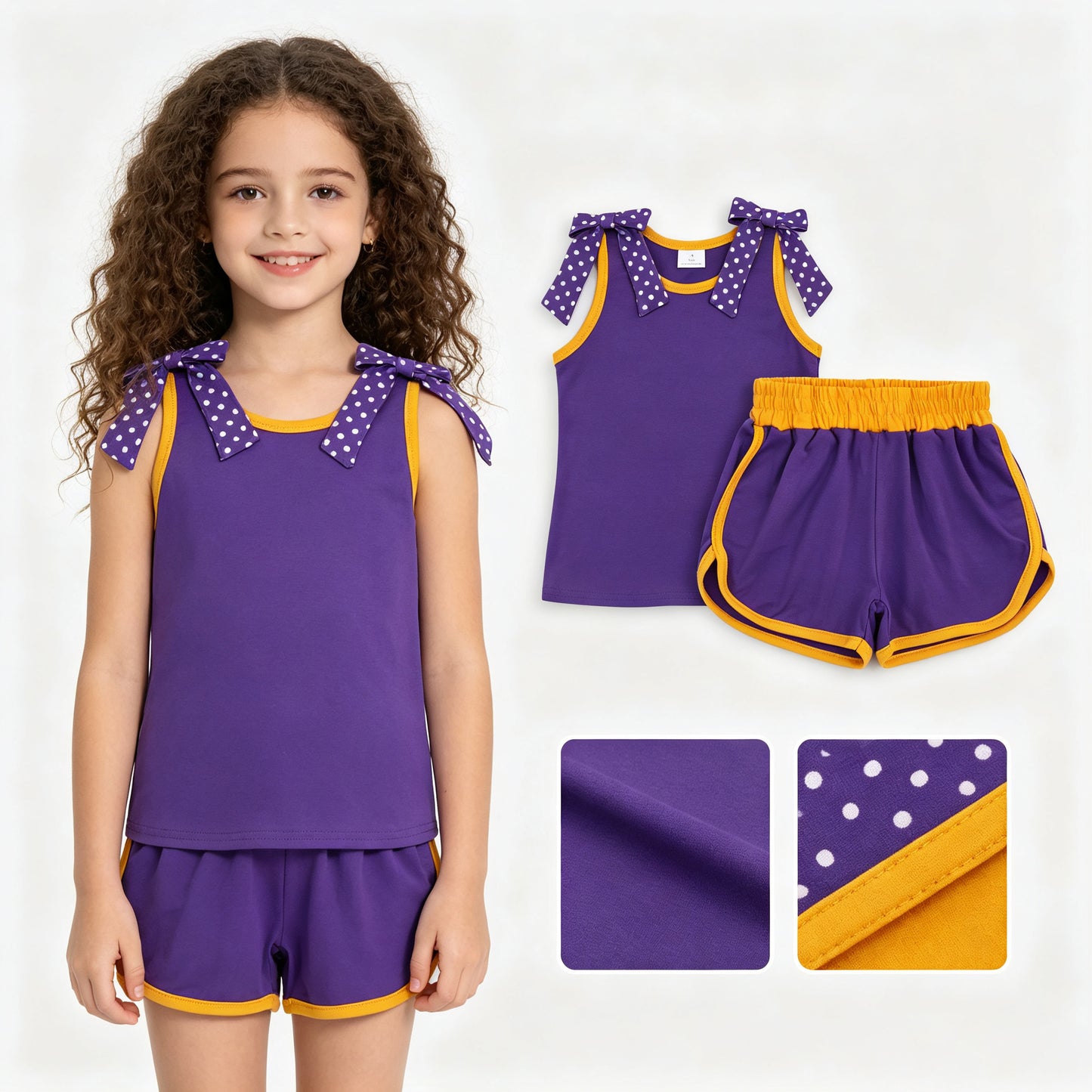 Baby Girls Purple Polka Dots Bows Sleeveless Top Short Clothes Sets
