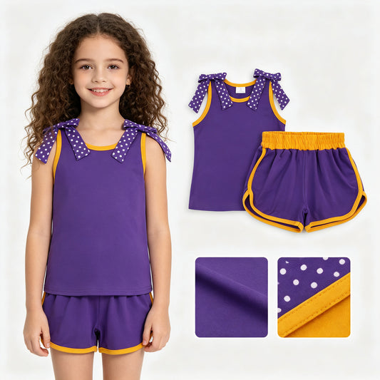 Baby Girls Purple Polka Dots Bows Sleeveless Top Short Clothes Sets