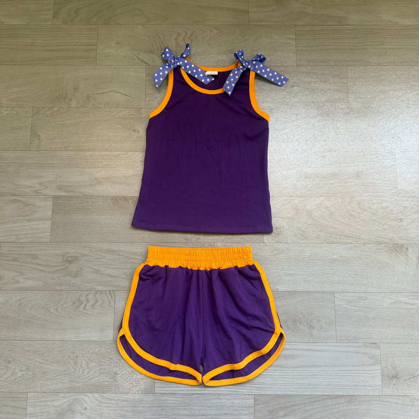 Preorder Baby Girls Purple Polka Dots Bows Sleeveless Top Short Clothes Sets