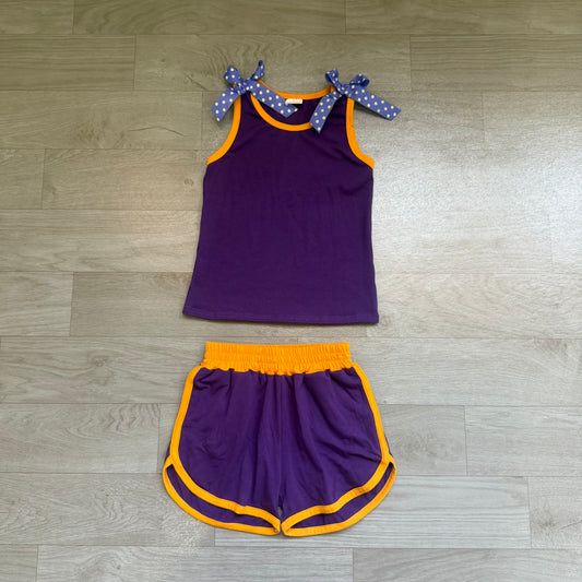 Preorder Baby Girls Purple Polka Dots Bows Sleeveless Top Short Clothes Sets