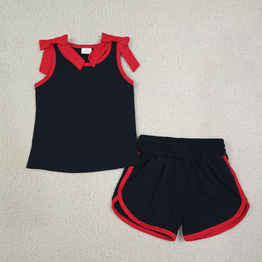 Baby Girls Black Red Bows Sleeveless Top Short Clothes Sets