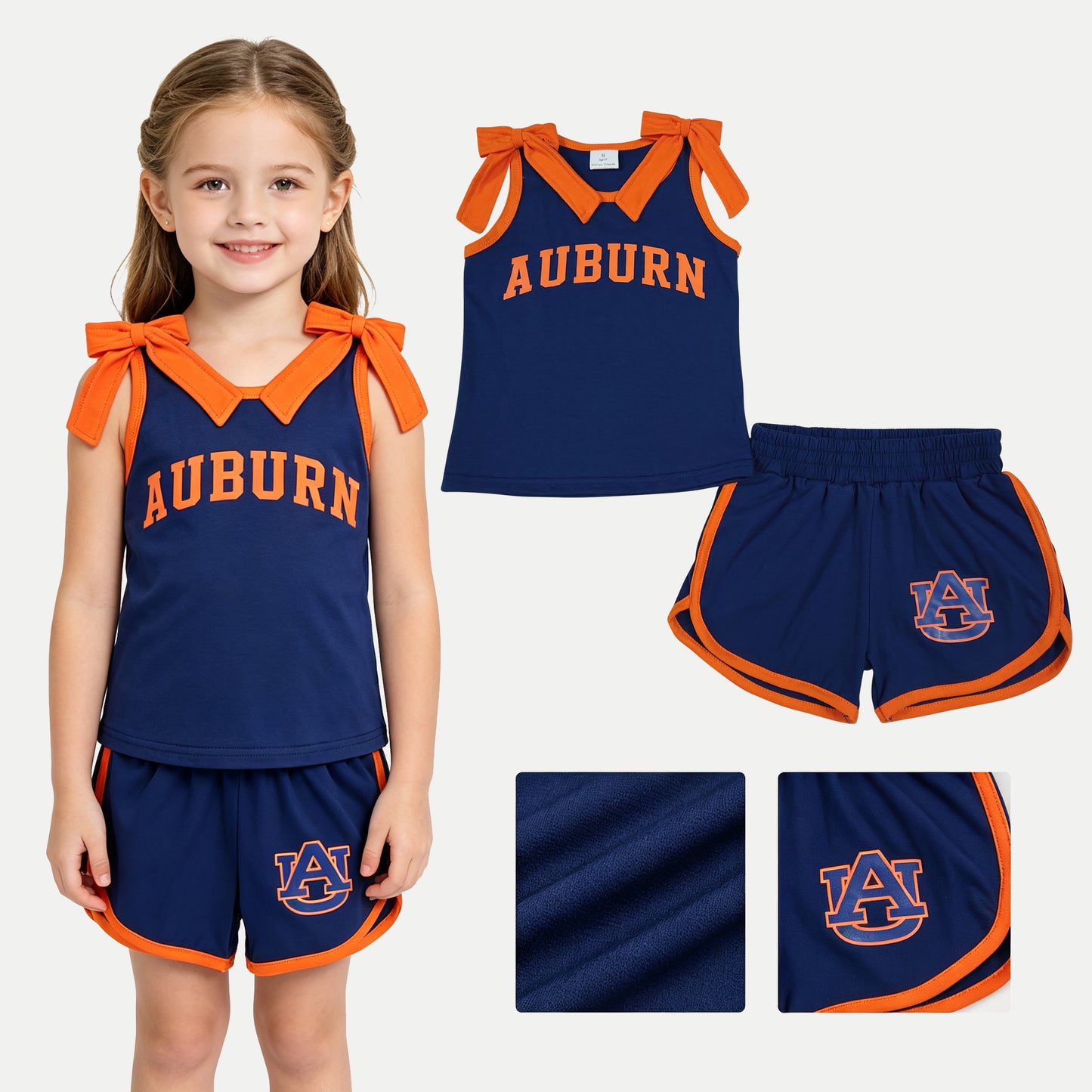Baby Girls Orange Bows Navy Vinyl AUBURN Top Short Team Clothes Sets