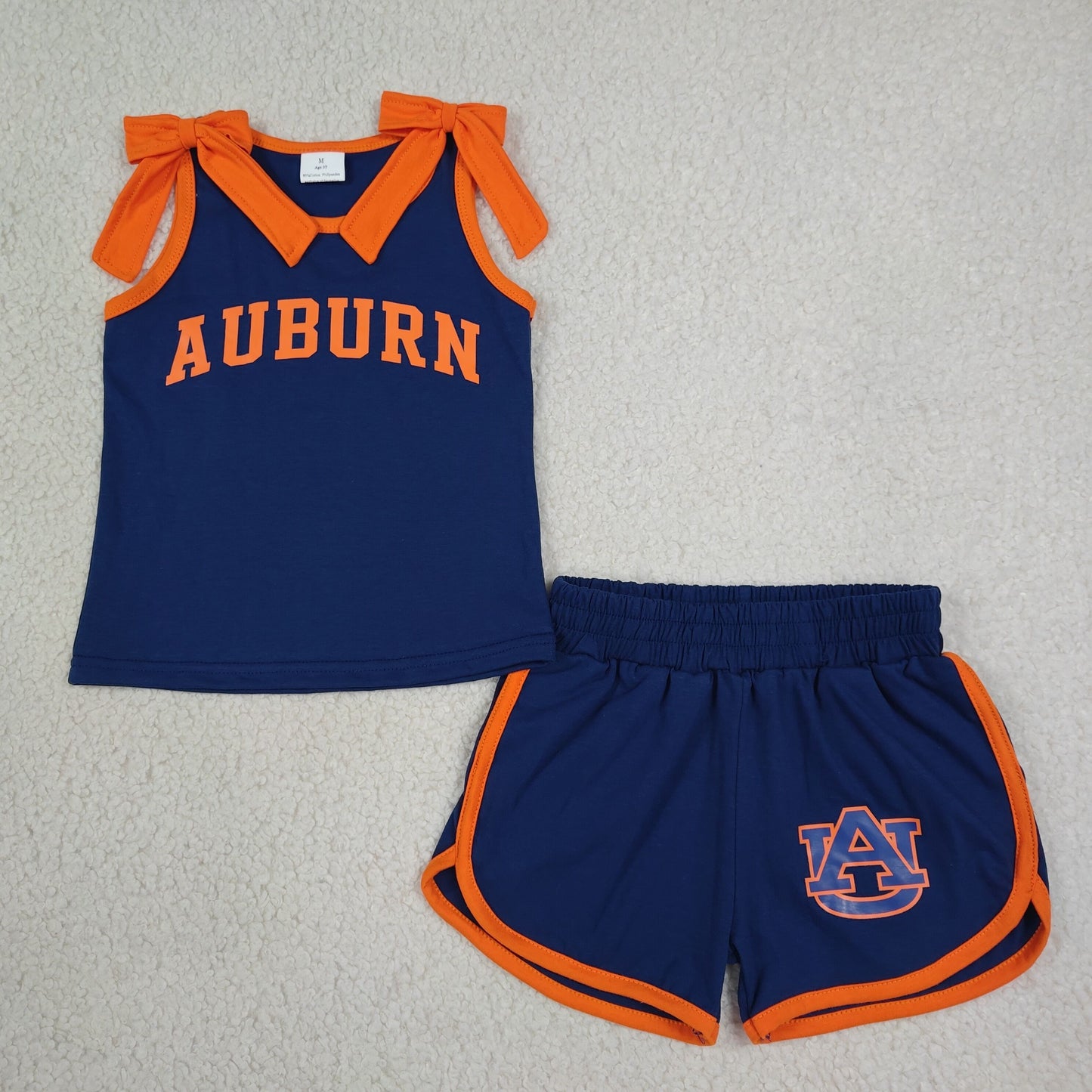 Baby Girls Orange Bows Navy Vinyl AUBURN Top Short Team Clothes Sets