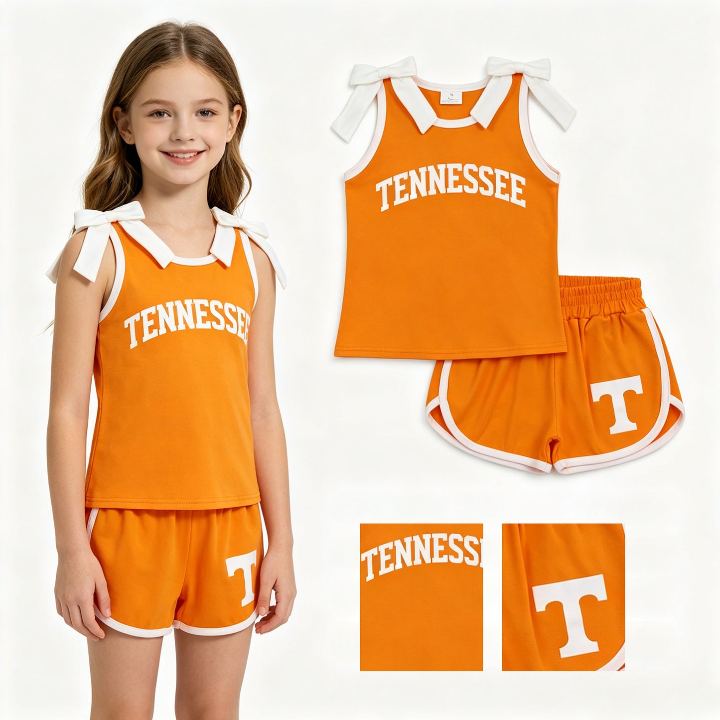 Baby Girls Orange White Bows Vinyl Tennessee Top Short Team Clothes Sets