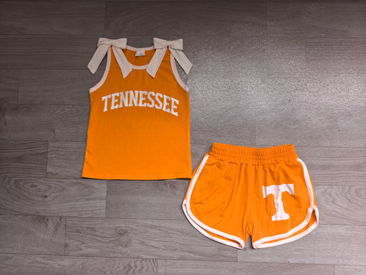 Baby Girls White Bows Orange Vinyl Tennessee Top Short Team Clothes Sets Preorder