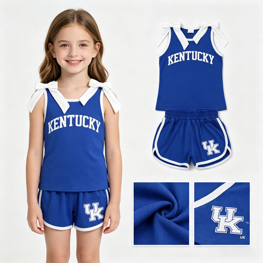 Baby Girls White Bows Blue Vinyl Kentucky Top Short Team Clothes Sets