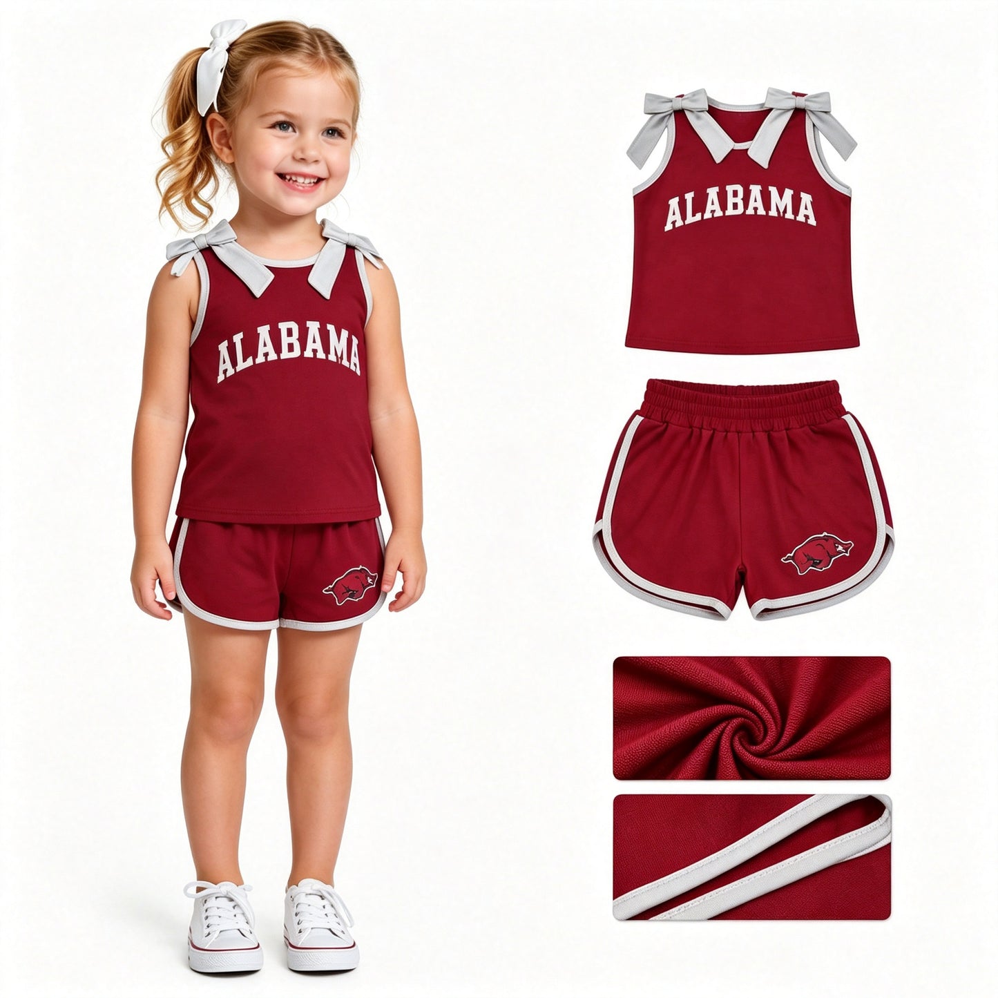 Baby Girls Red Grey Bows Vinyl Alabama Top Short Team Clothes Sets
