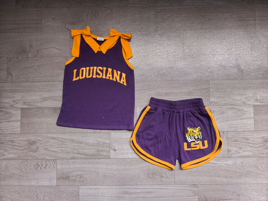 Baby Girls Orange Bows Purple Vinyl LSU Tiger Top Short Team Clothes Sets Preorder