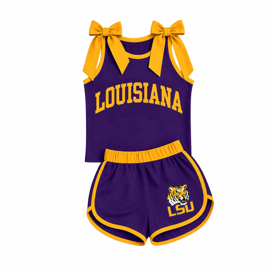Baby Girls Orange Bows Purple Vinyl LSU Tiger Top Short Team Clothes Sets Preorder