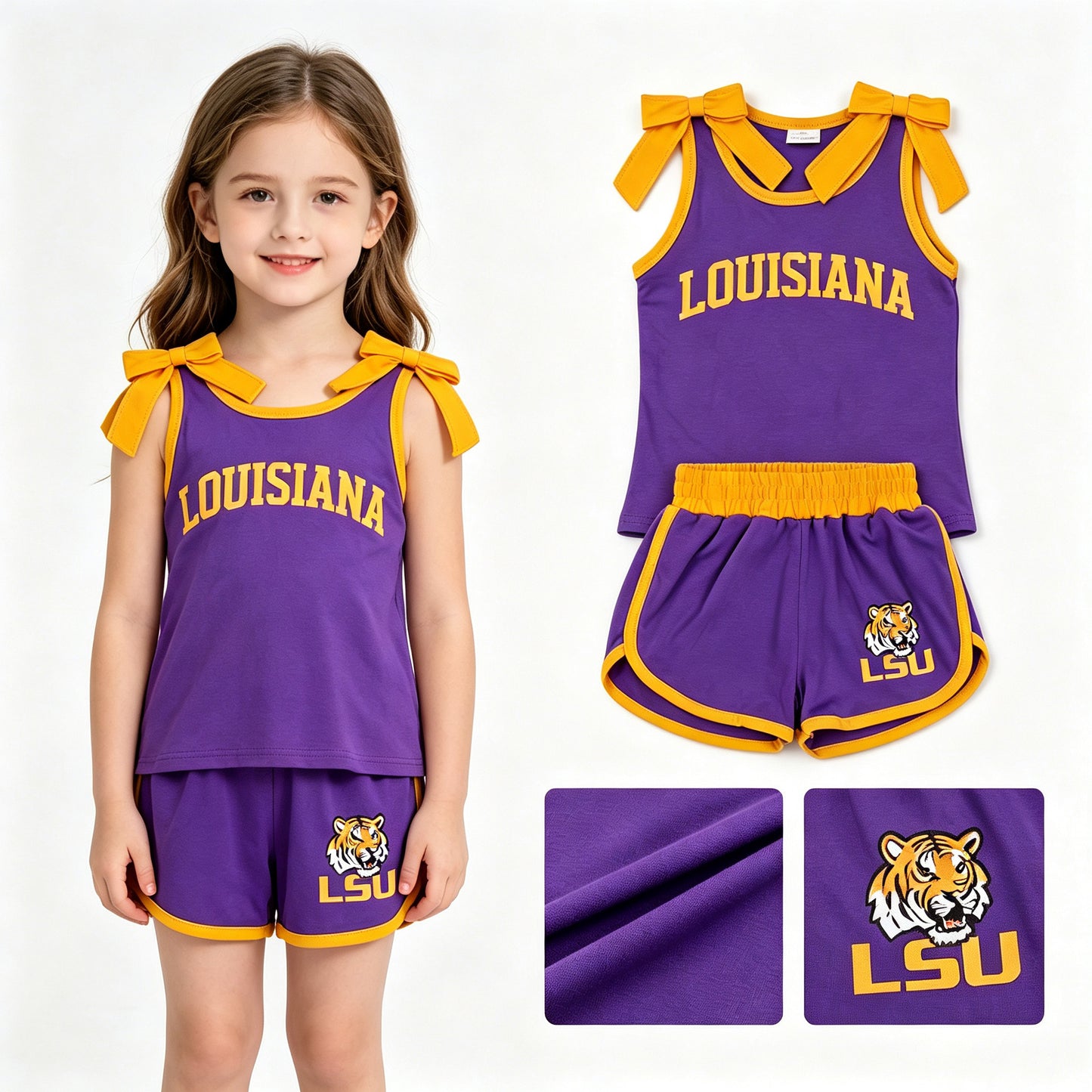 Baby Girls Orange Purple Bows Vinyl Louisiana Top Short Team Clothes Sets
