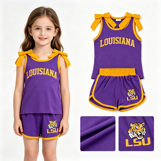 Baby Girls Orange Purple Bows Vinyl Louisiana Top Short Team Clothes Sets