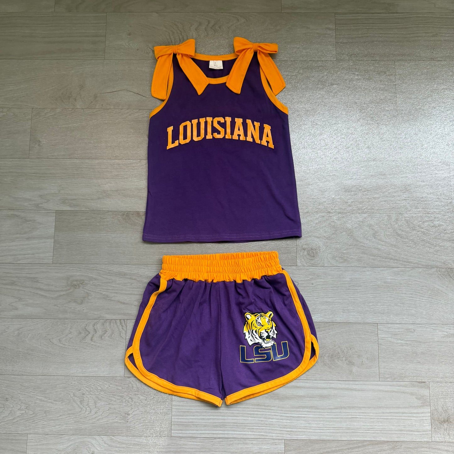 Baby Girls Orange Purple Bows Vinyl Louisiana Top Short Team Clothes Sets