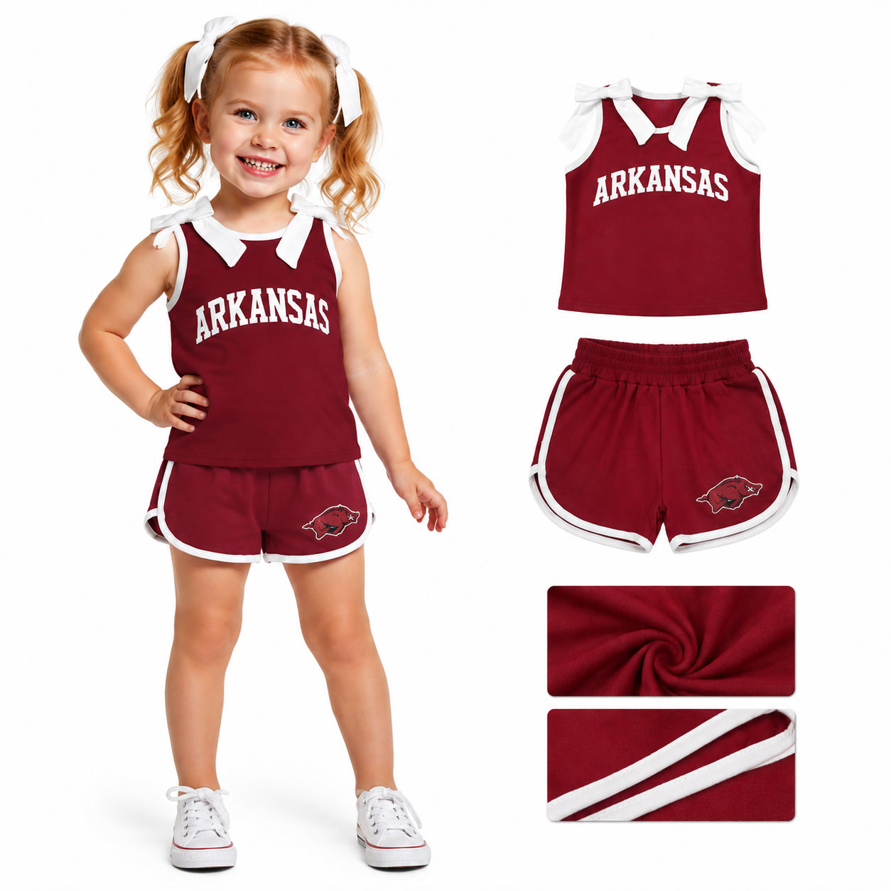 Baby Girls Red White Bows Vinyl Arkansas Top Short Team Clothes Sets