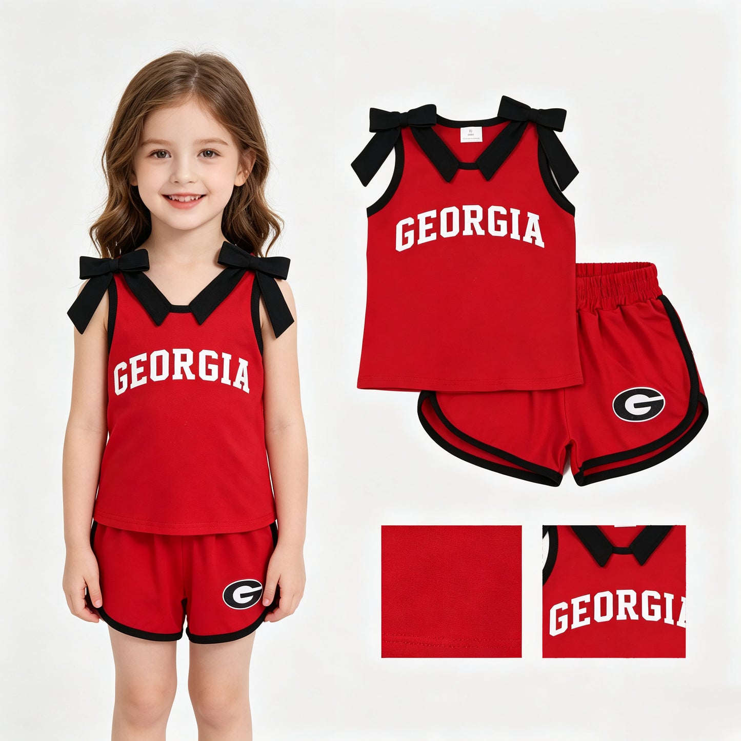 Baby Girls Black Bows Red Vinyl Georgia Top Short Team Clothes Sets