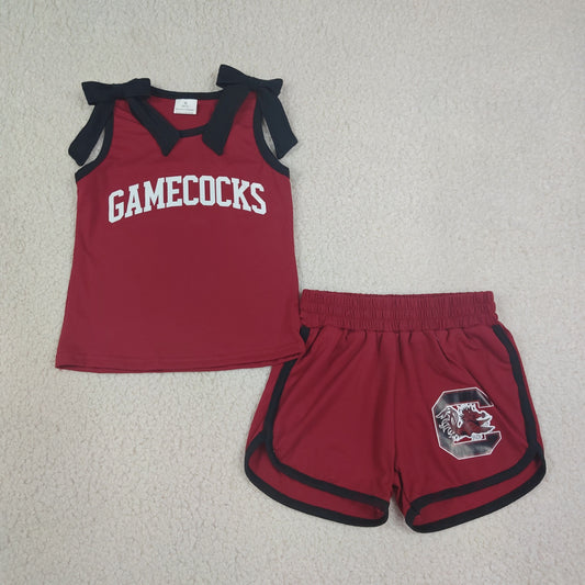 Baby Girls Black Bows Maroon Vinyl Gamecock Top Short Team Clothes Sets
