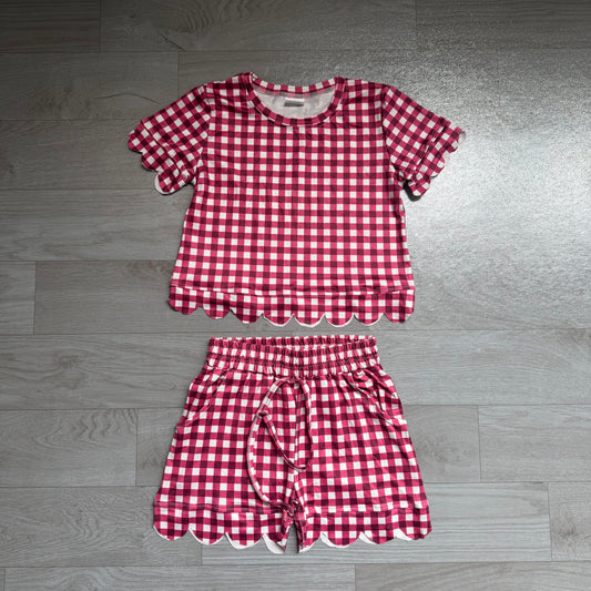 Baby Girls Maroon Checked Shirt Top Short Scallop Clothes Set Preorder