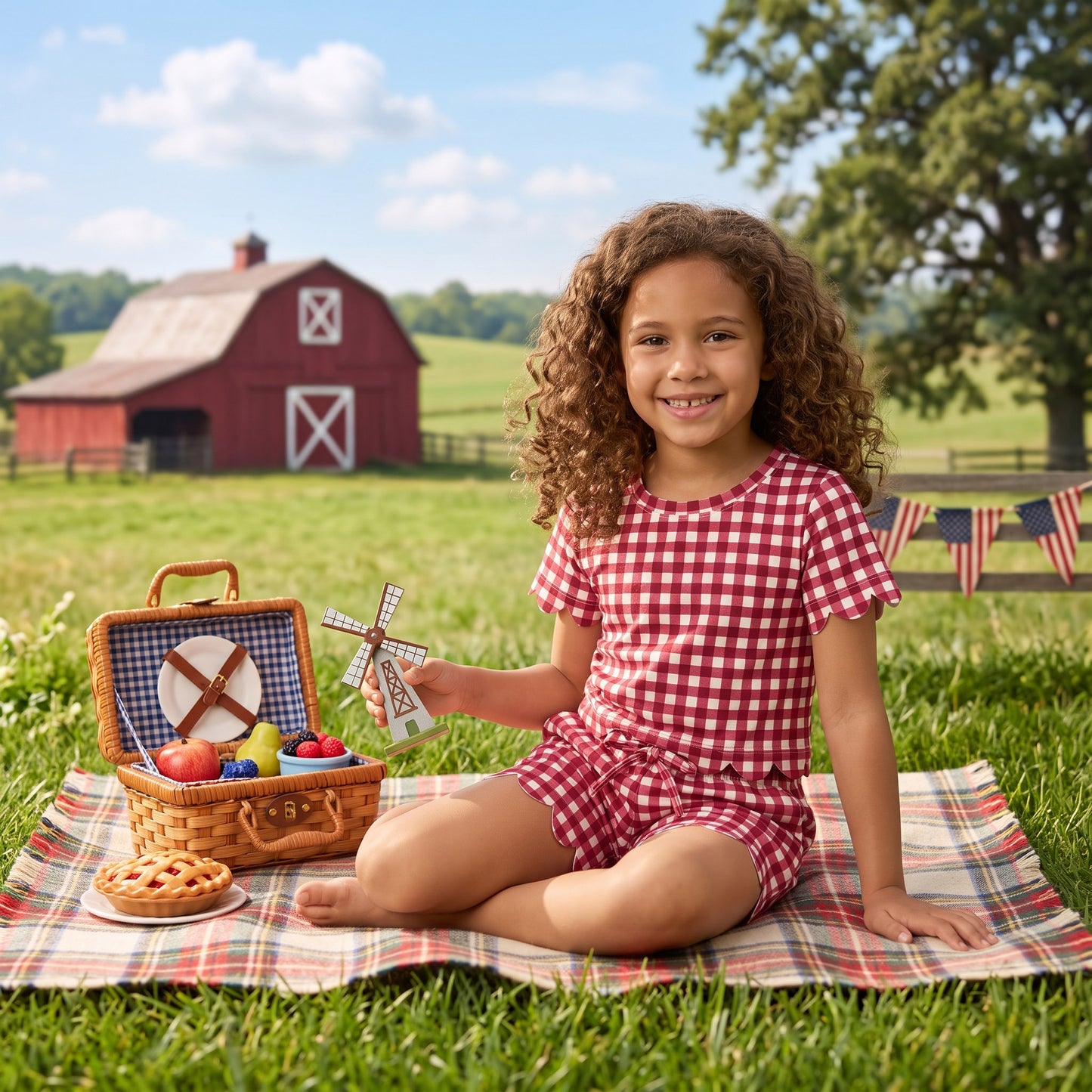 Baby Girls Red Checked Shirt Top Pockets Short Scallop Clothes Set