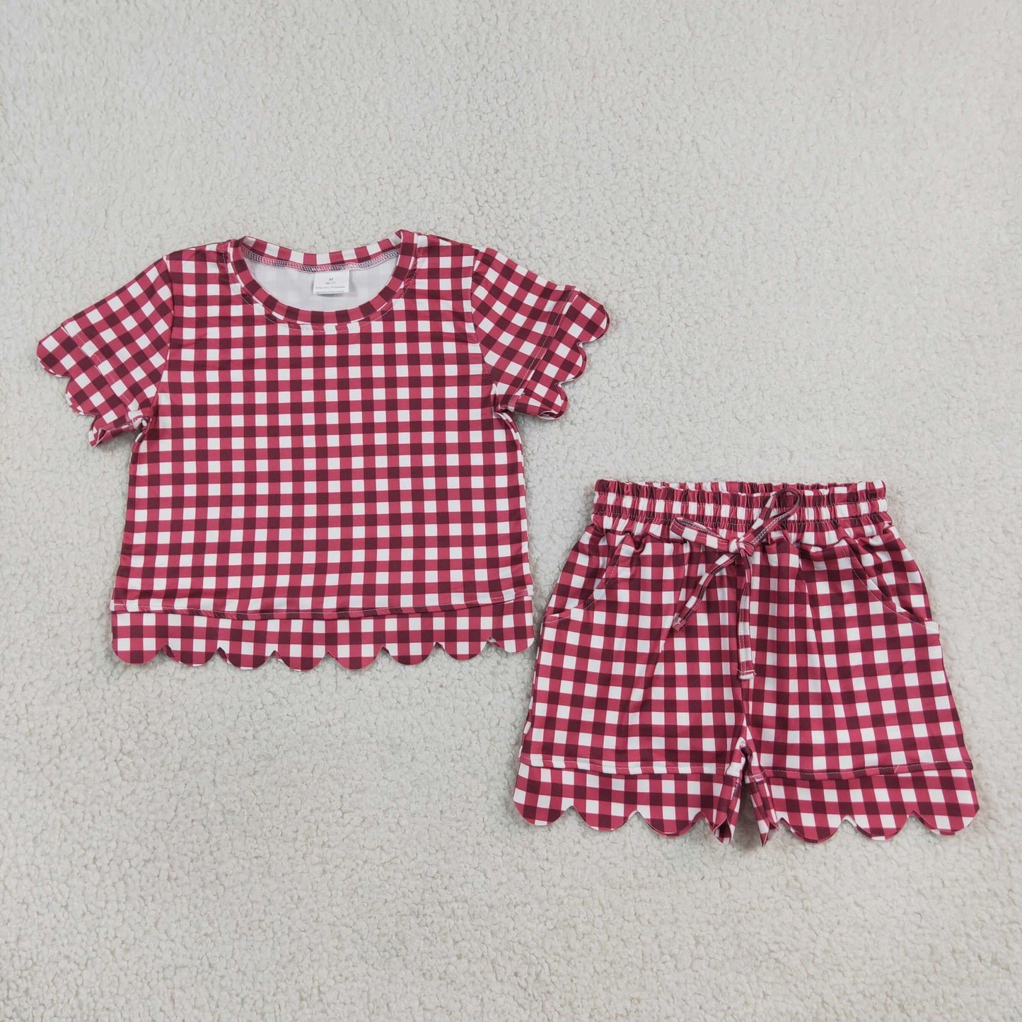 Baby Girls Red Checked Shirt Top Pockets Short Scallop Clothes Set