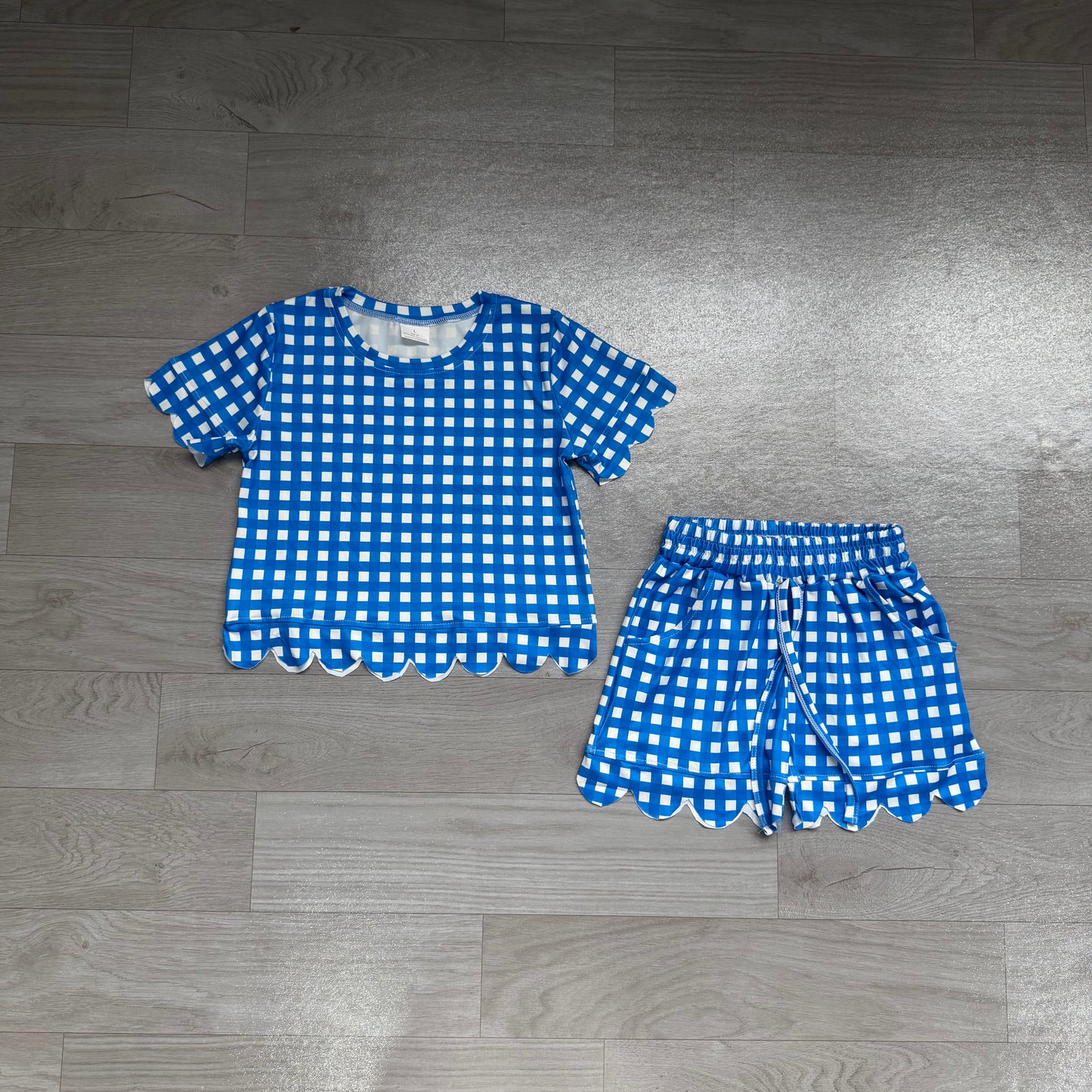 Baby Girls Blue Checked Shirt Top Short Scallop Clothes Set Preorder