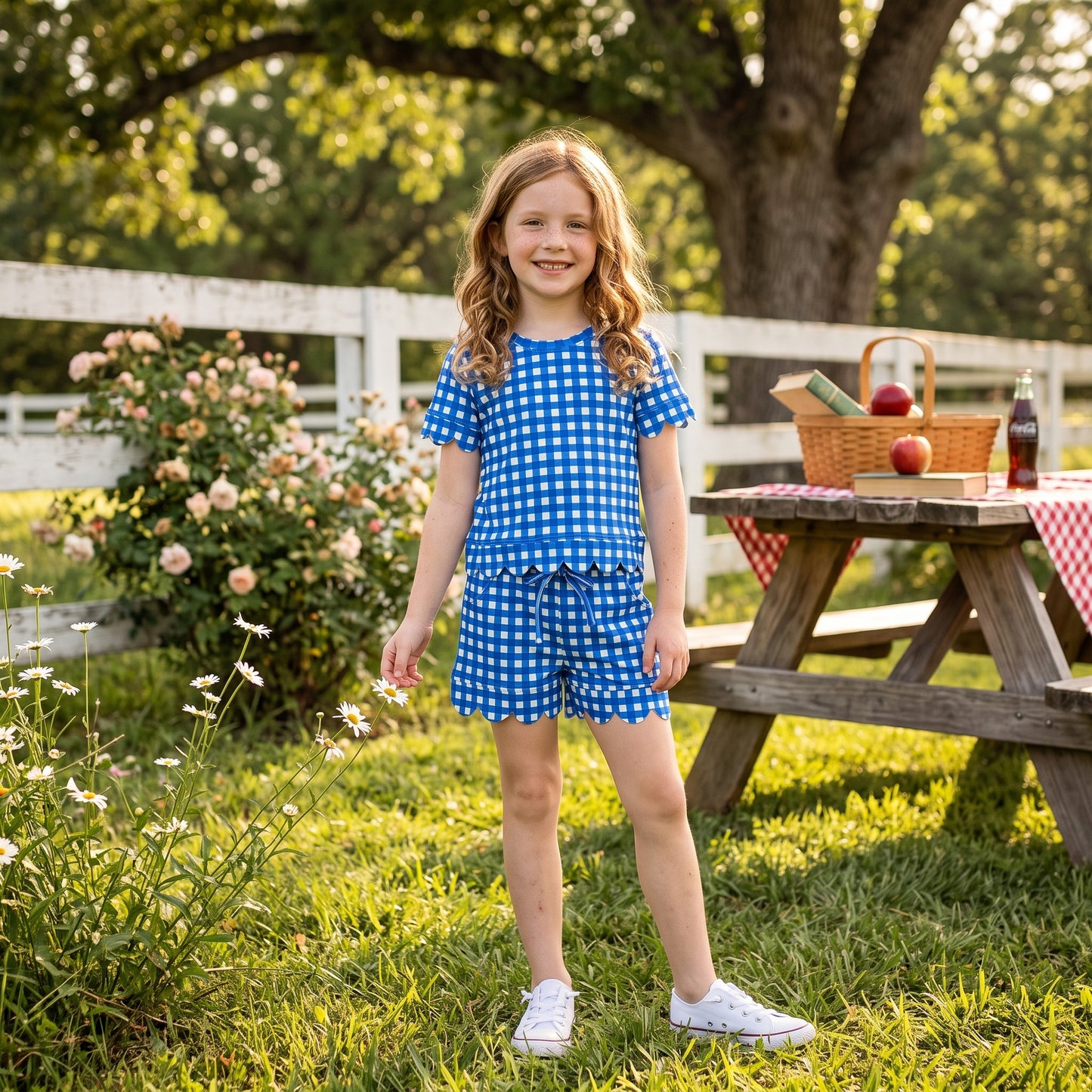 Baby Girls Hot Blue Checked Shirt Top Pockets Short Scallop Clothes Set