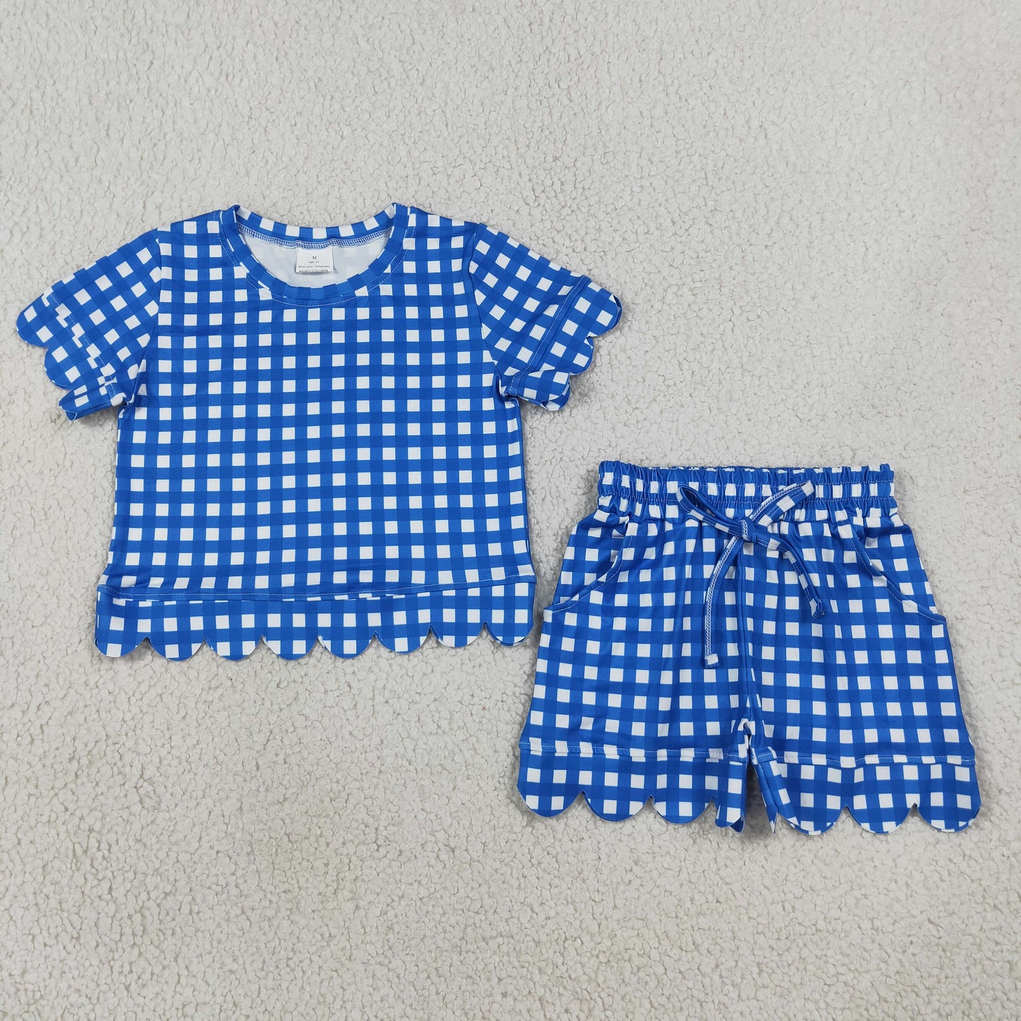 Baby Girls Hot Blue Checked Shirt Top Pockets Short Scallop Clothes Set