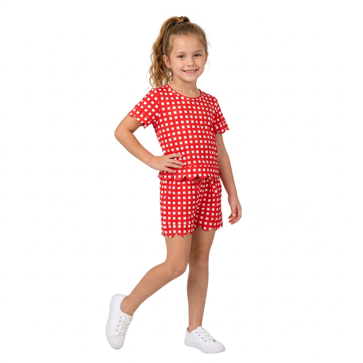 Baby Girls Red Checked Shirt Top Pockets Short Scallop Clothes Set