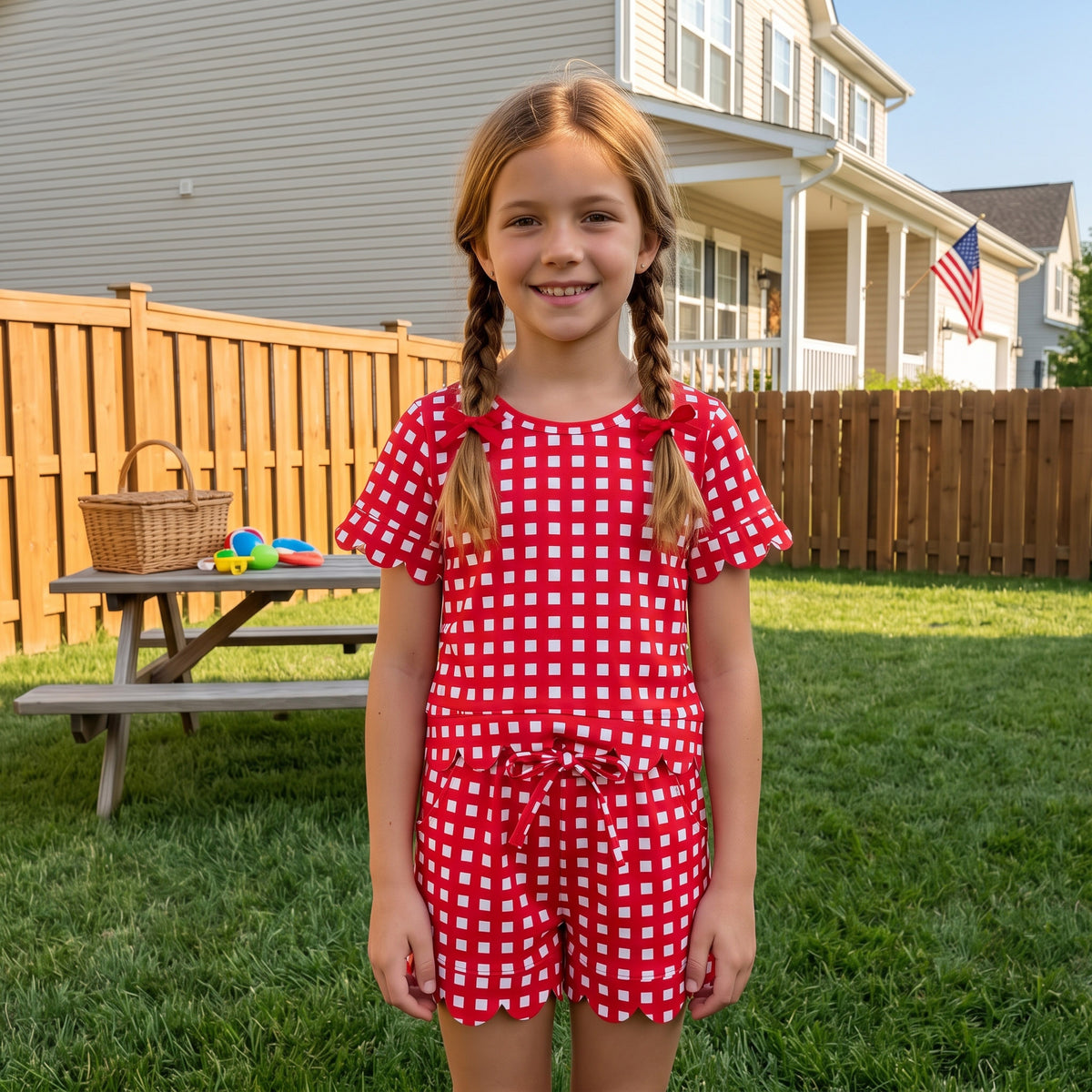 Baby Girls Red Checked Shirt Top Pockets Short Scallop Clothes Set