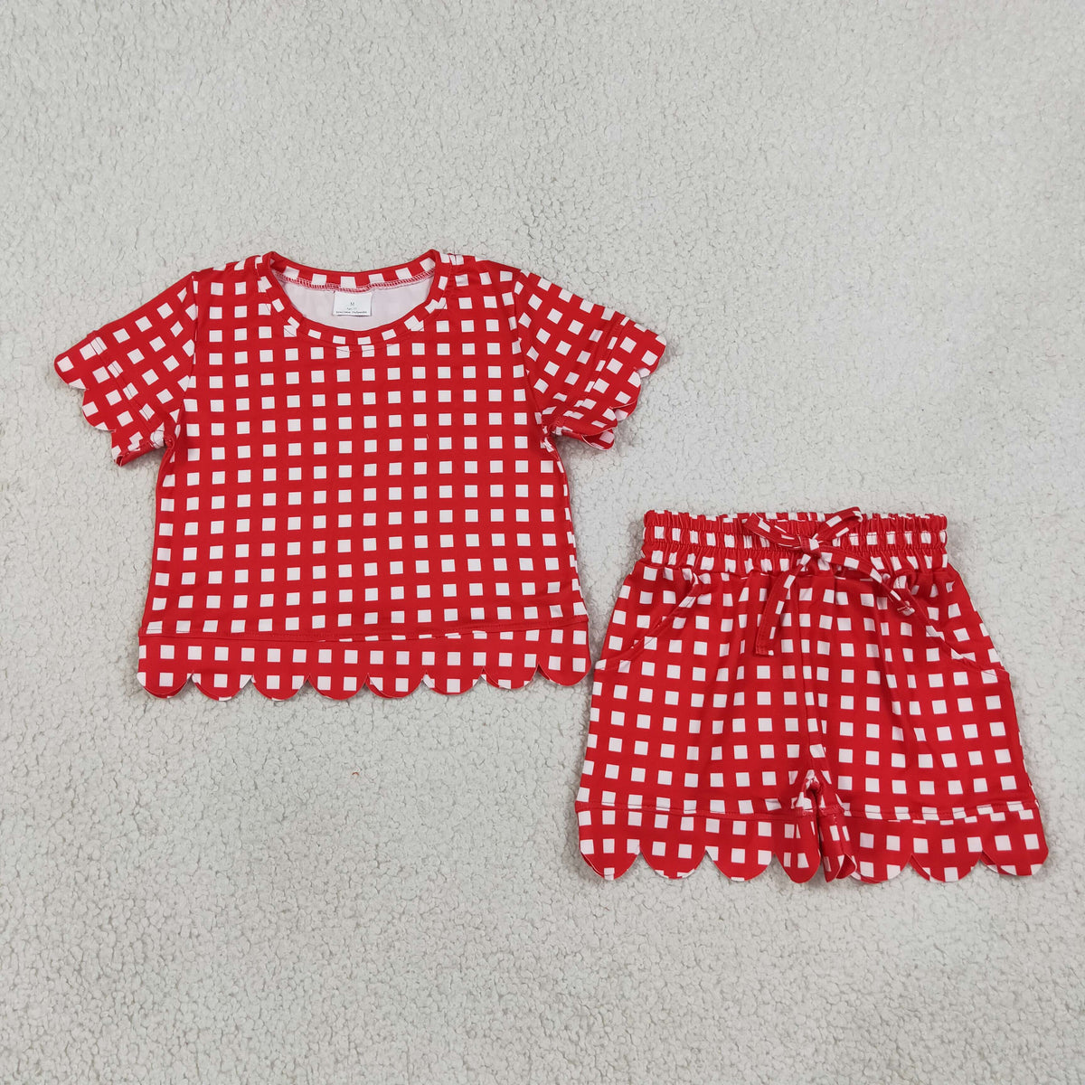 Sibling Baby Girls Short Sleeve Colorful Checked Top Pockets Short Scallop Clothes Sets