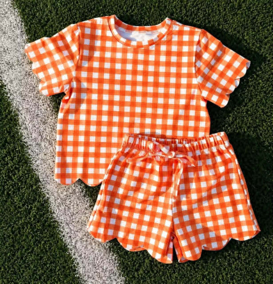Baby Girls Orange Checked Shirt Top Short Scallop Clothes Set Preorder