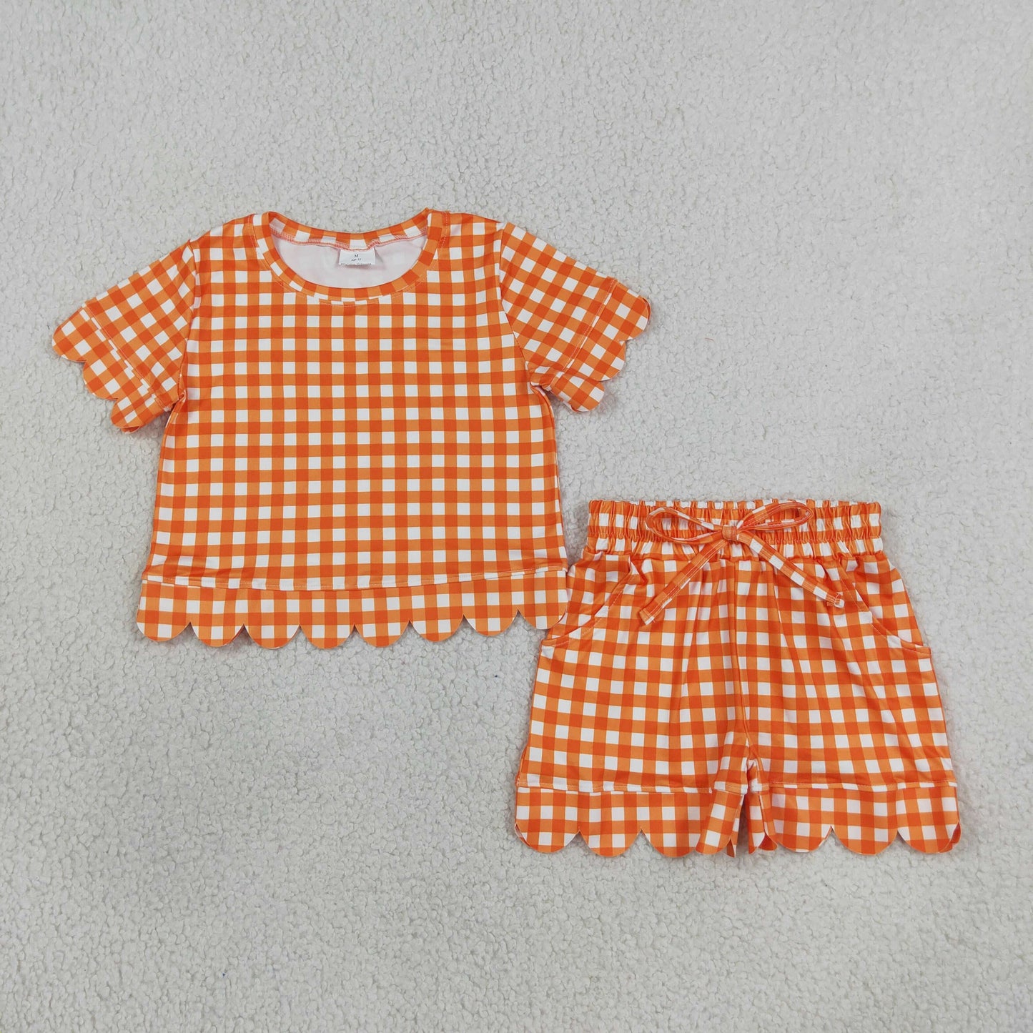 Baby Girls Orange Checked Shirt Top Pockets Short Scallop Clothes Set