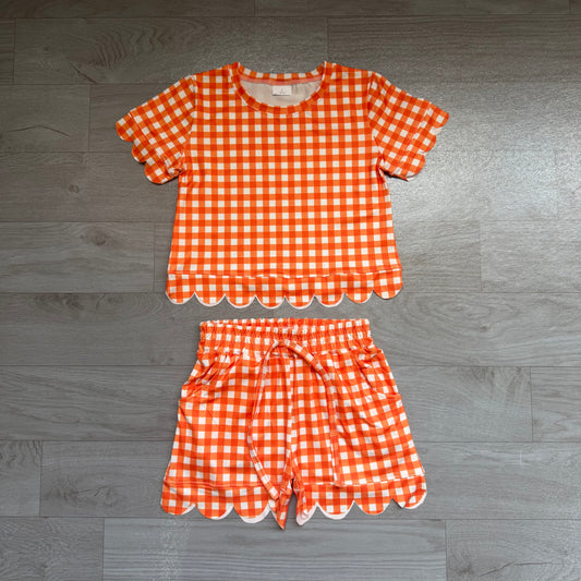 Baby Girls Orange Checked Shirt Top Short Scallop Clothes Set Preorder