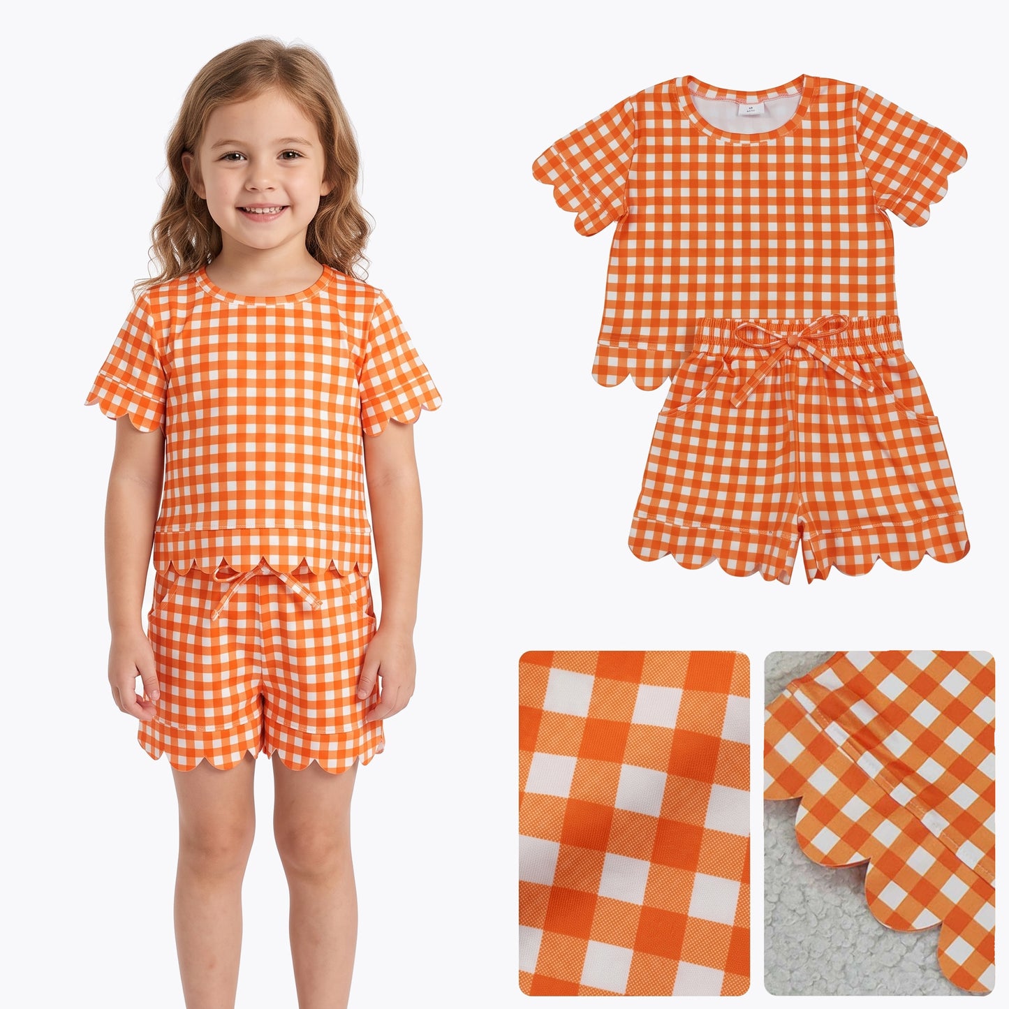 Baby Girls Orange Checked Shirt Top Pockets Short Scallop Clothes Set