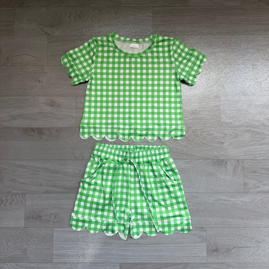 Baby Girls Green Checked Shirt Top Short Scallop Clothes Set Preorder