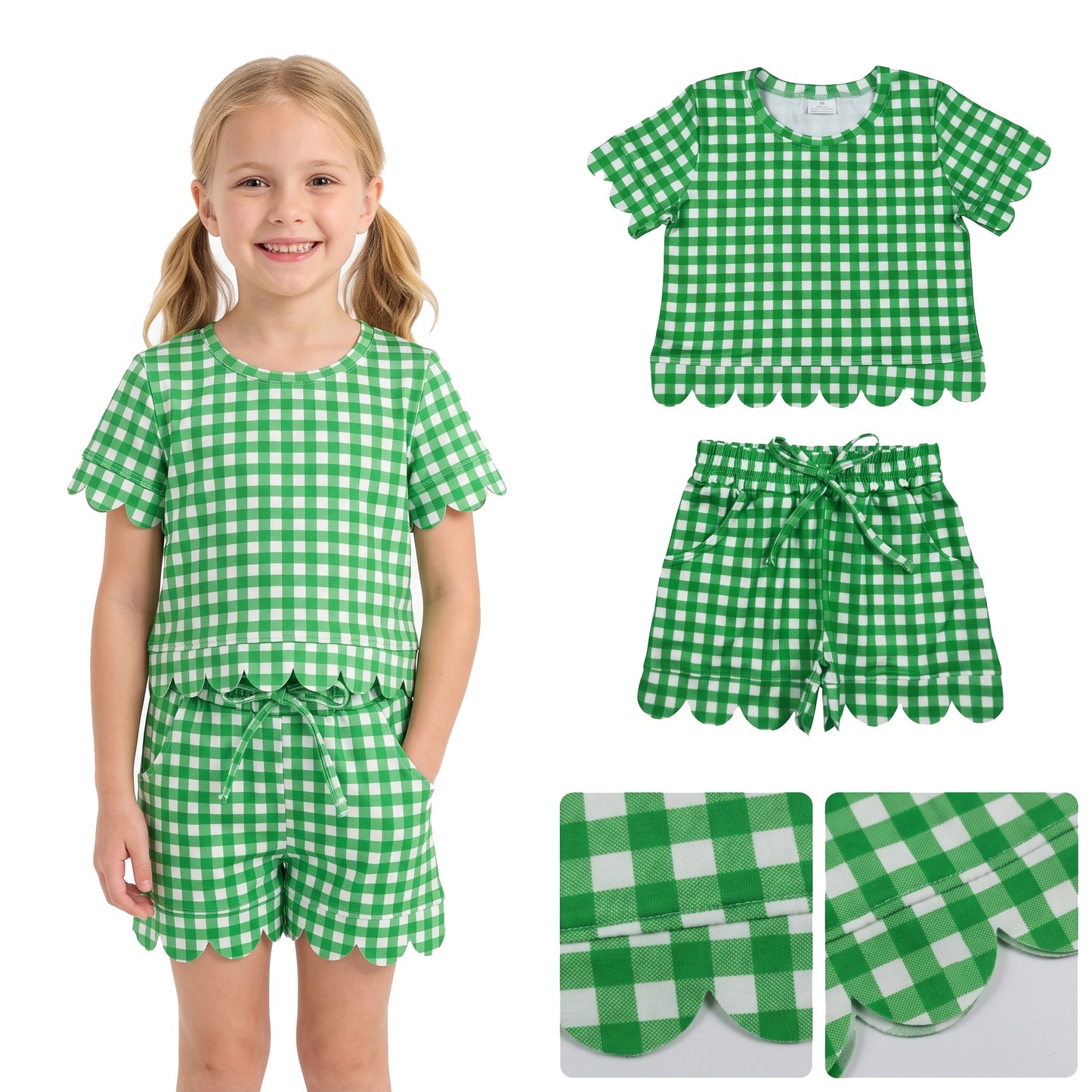 Baby Girls Green Checked Shirt Top Pockets Short Scallop Clothes Set