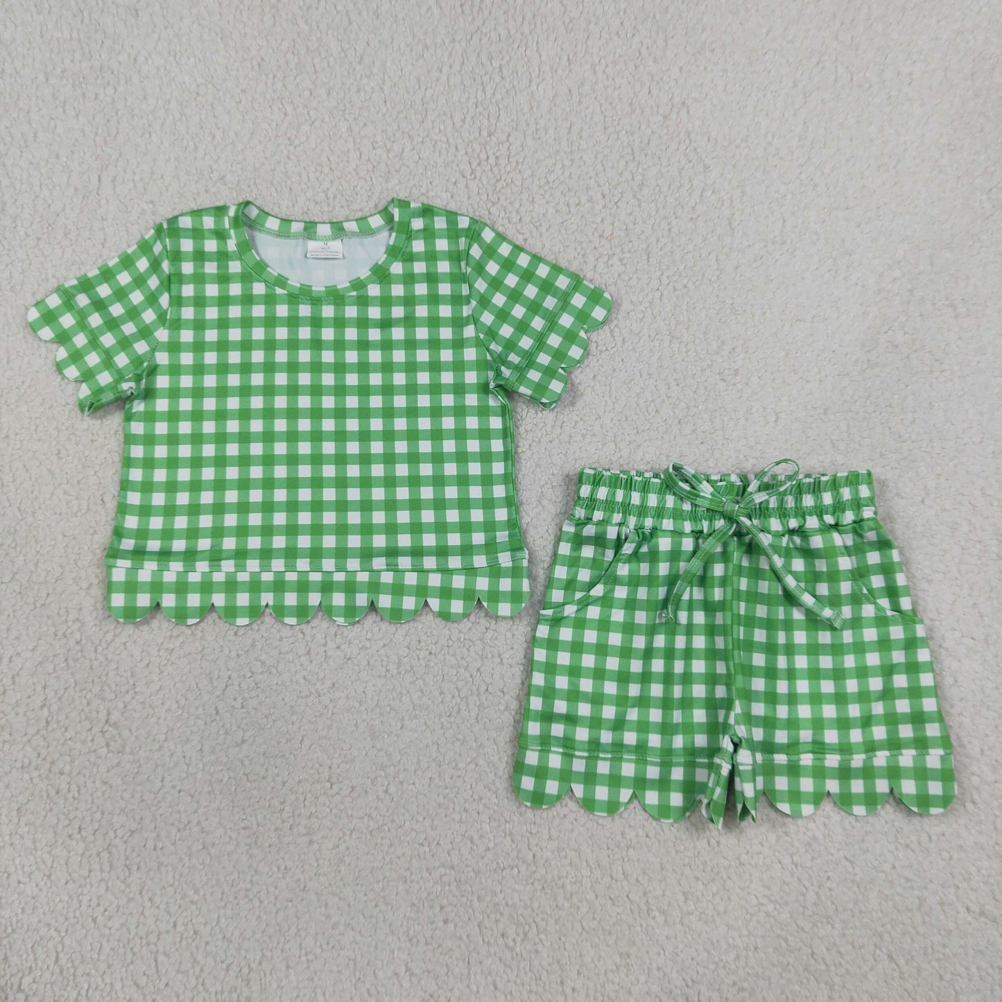 Sibling Baby Girls Short Sleeve Colorful Checked Top Pockets Short Scallop Clothes Sets