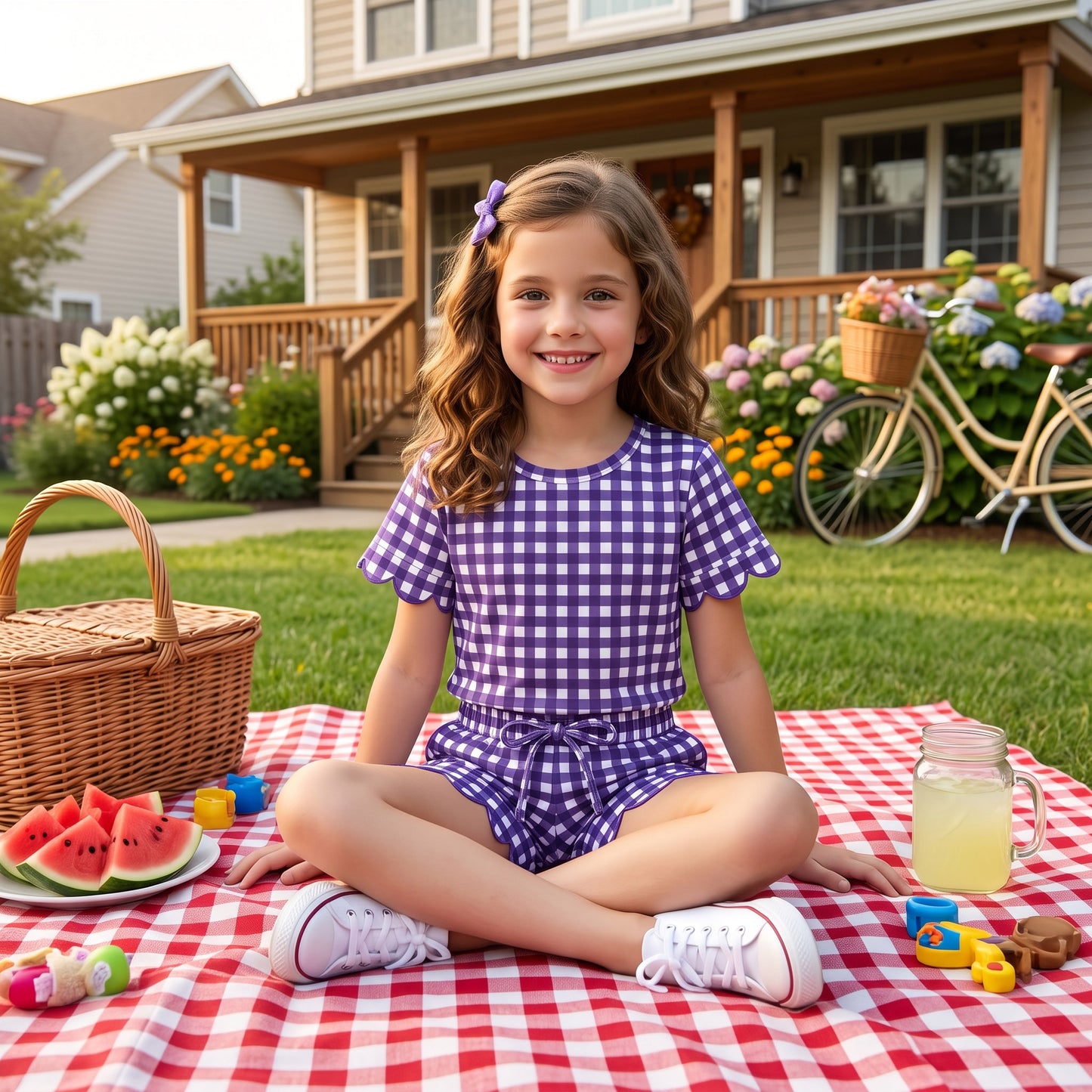 Baby Girls Purple Checked Top Pockets Short Scallop Clothes Set