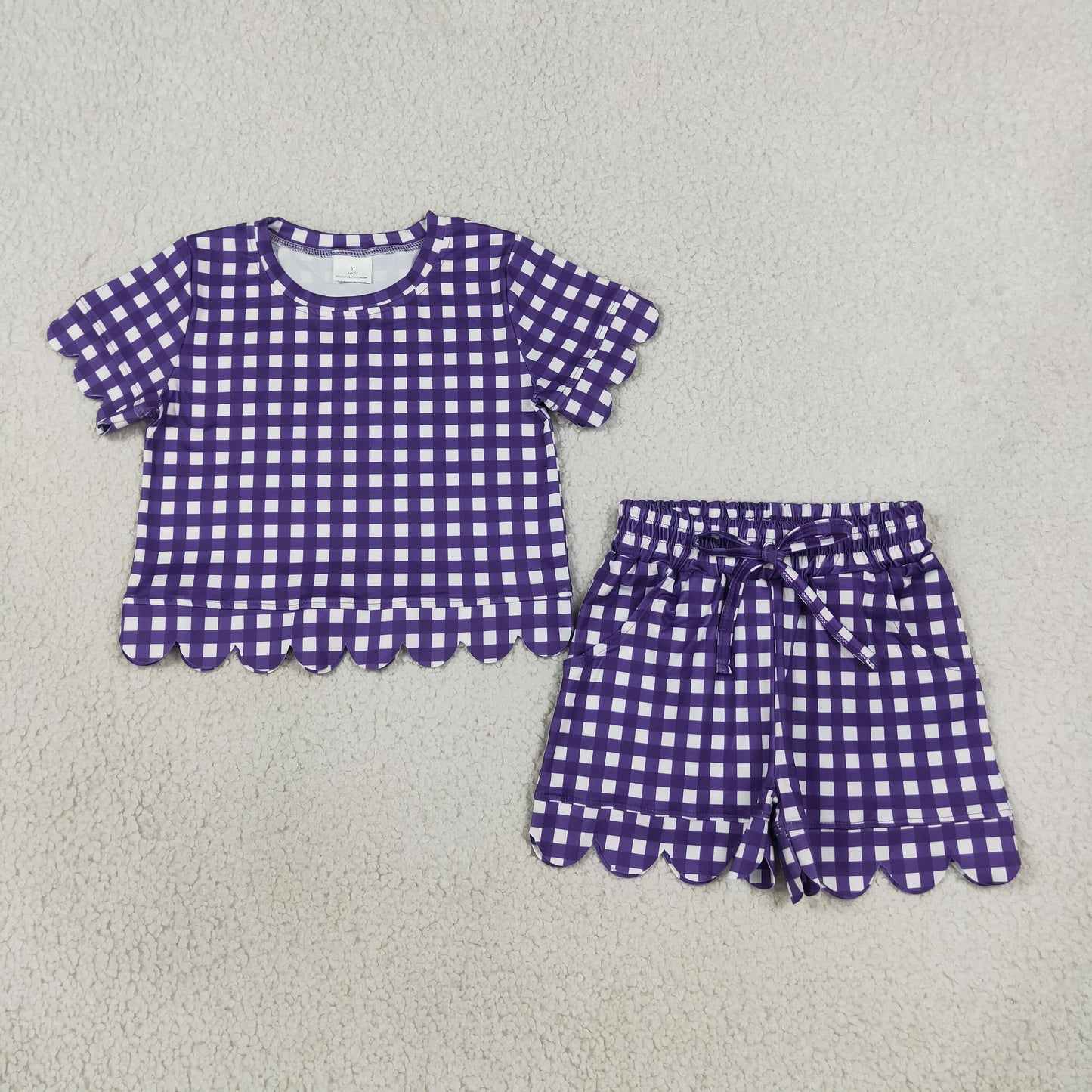 Baby Girls Purple Checked Top Pockets Short Scallop Clothes Set