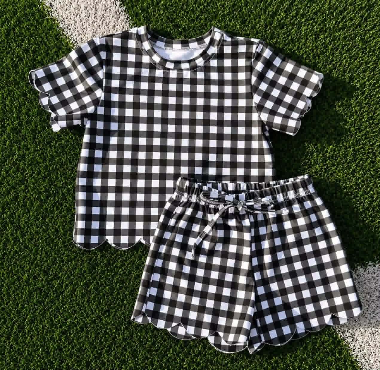 Preorder moq 5 Baby Girls Black Checked Shirt Top Short Scallop Clothes Set
