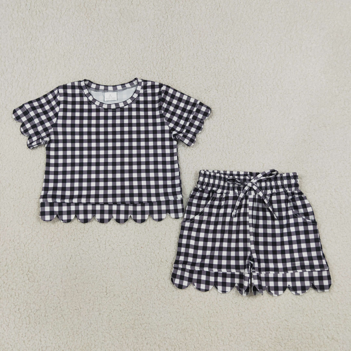 Sibling Baby Girls Short Sleeve Colorful Checked Top Pockets Short Scallop Clothes Sets